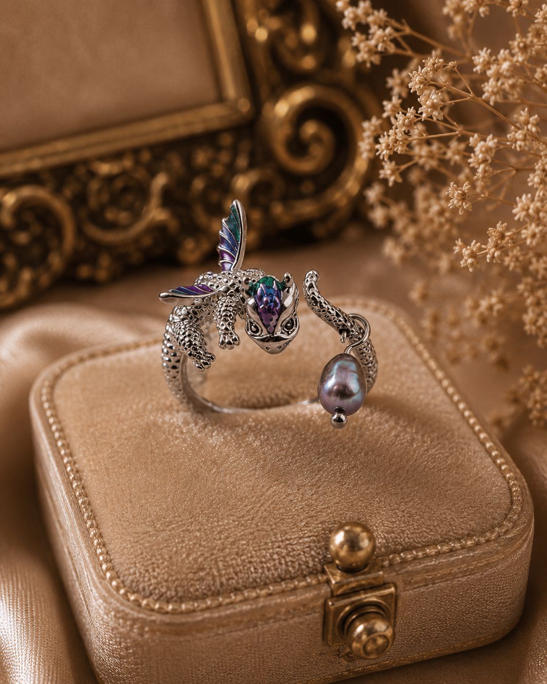 Sterling Silver Dragon Ring with Natural Pearl  Adjustable, Green Purple Markings
