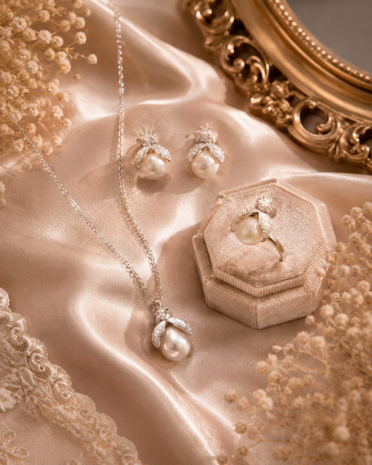 Firefly Pearl Necklace, Ring and Earrings Set