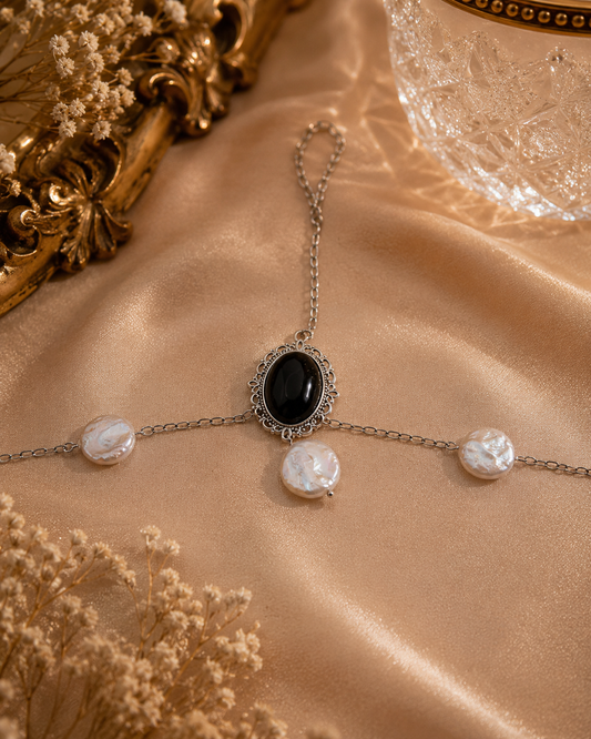 Victorian Midnight Cameo & Pearl Hand Chain Bracelet