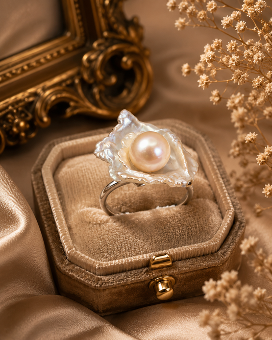 Petal Pearl Shell Design Adjustable Ring - Sterling Silver