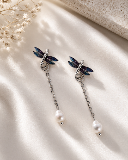 Dreaming Dragonfly Pearl Drop Hoops