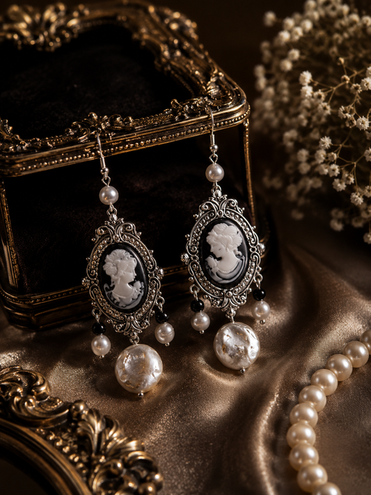Vintage Cameo Pearl & Onyx Earrings with Large Button Pearl
