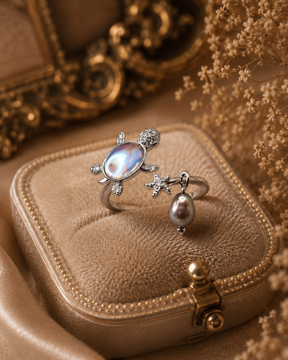 Opalescent Turtle Mini Pearl Ring