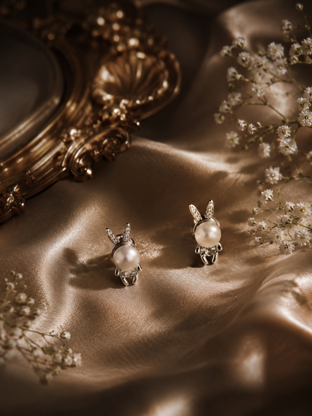 Bunny Shaped Pearl Stud Earrings - Sterling Silver