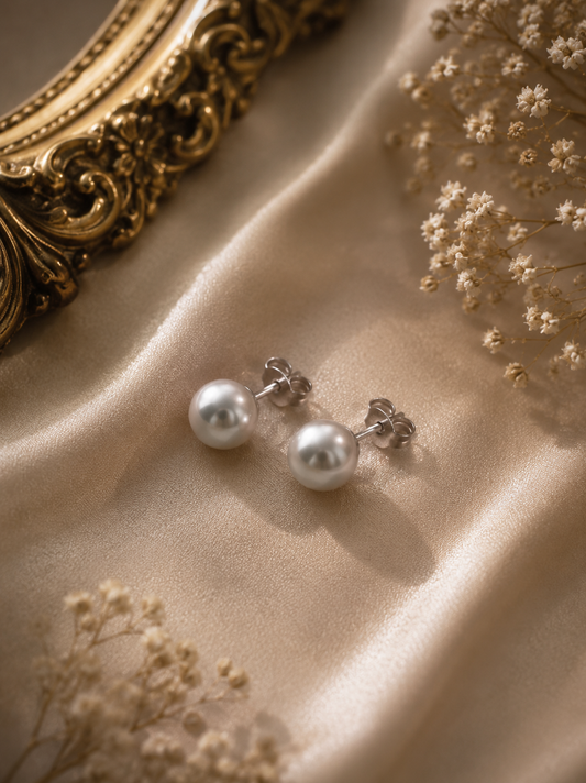 Madama Saltwater Pearl Simple Stud Earrings - Sterling Silver