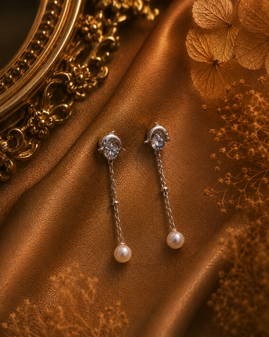Leaping Dolphin Pearl Drop Ear Studs
