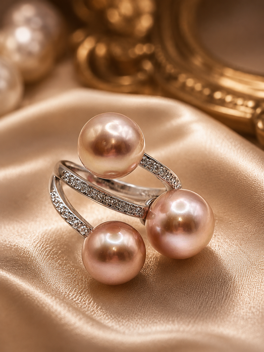 Triple Edison Pearl Sparkle Adjustable Ring - Sterling Silver