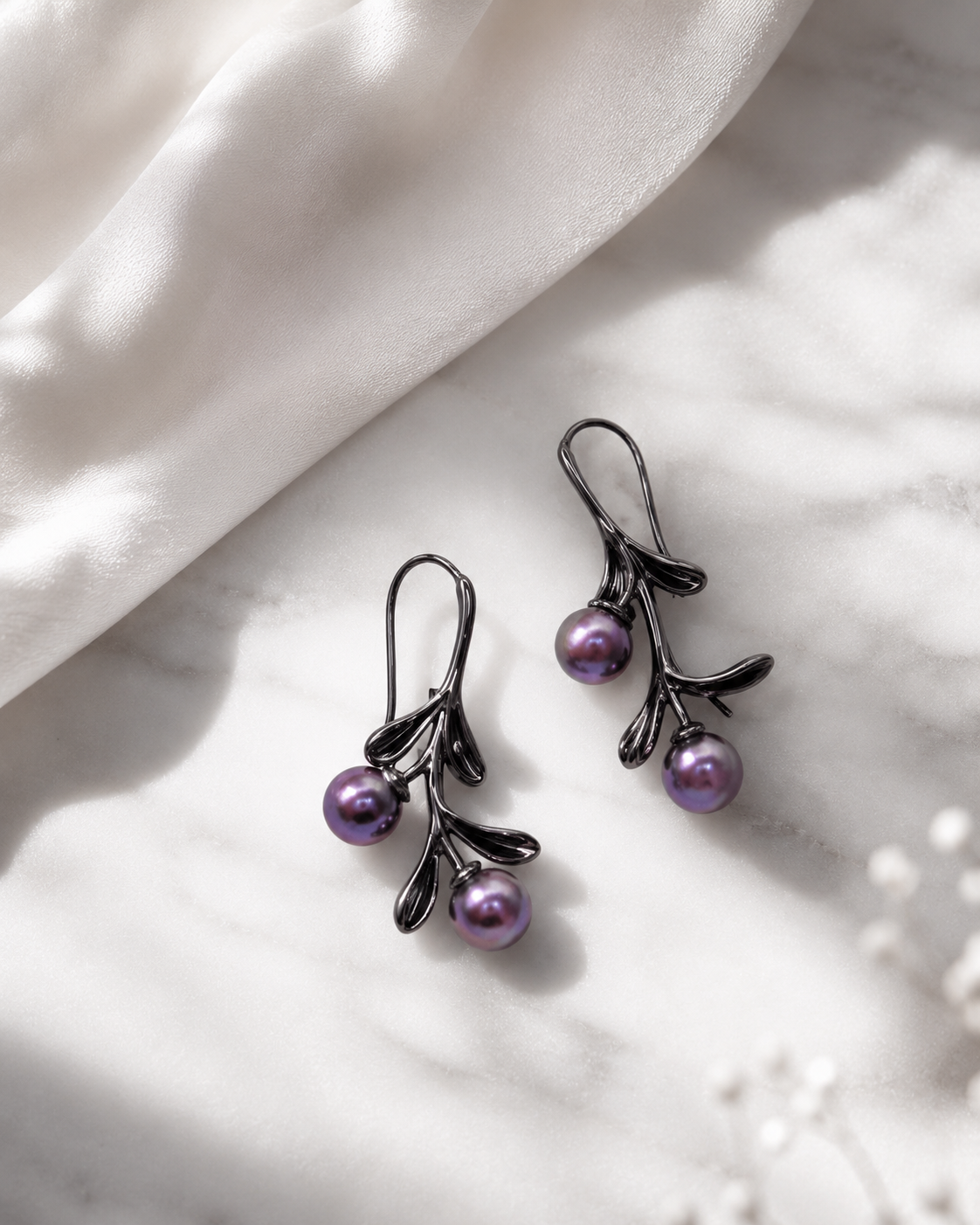 Double Pearl Flower Stem Design Black Earrings - Sterling Silver