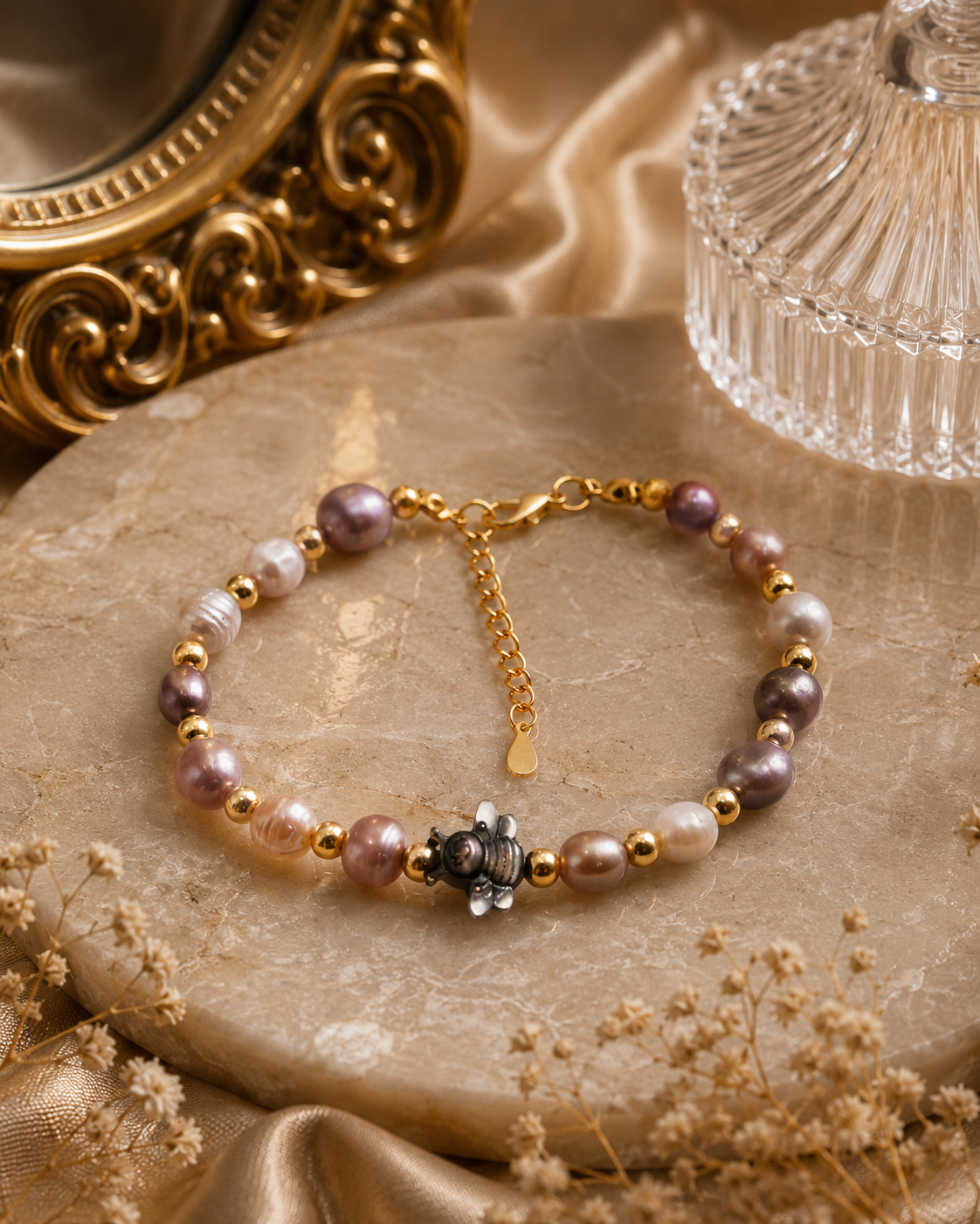 Multiple Pearl Bracelet with Bee Charm