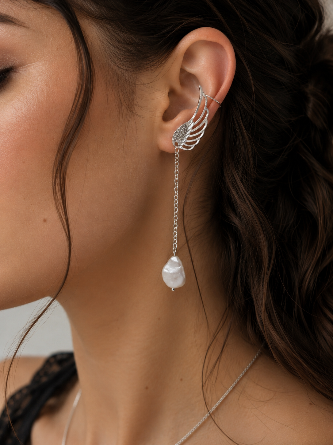 Angel Wing Teardrop Pearl Ear Stud & Cuff — No Second Piercing Needed