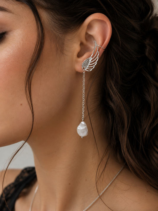 Angel Wing Teardrop Pearl Ear Stud & Cuff — No Second Piercing Needed