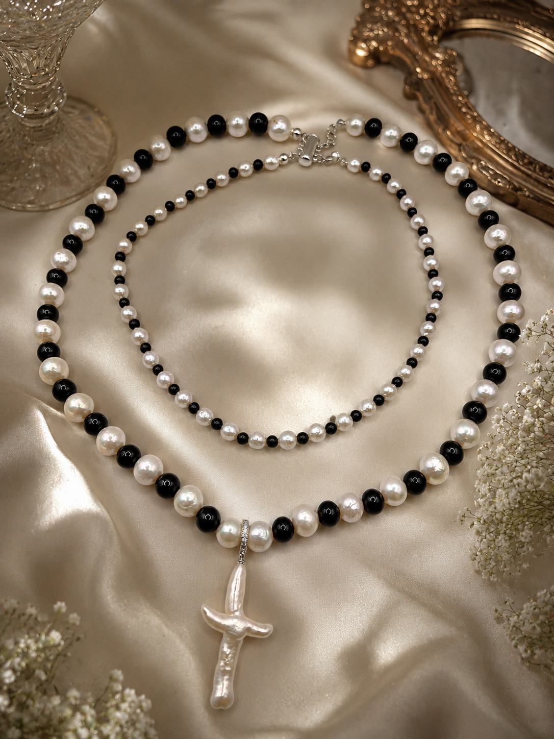 Dark Grace Pearl & Obsidian Bead Statement Necklace with Removable Pearl Pendant
