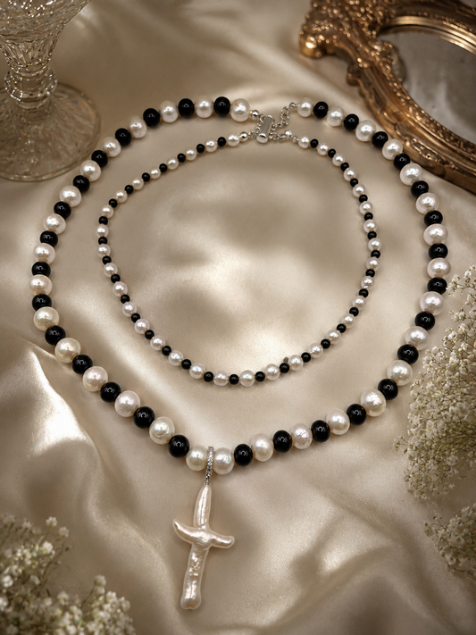 Dark Grace Pearl & Obsidian Bead Statement Necklace with Removable Pearl Pendant