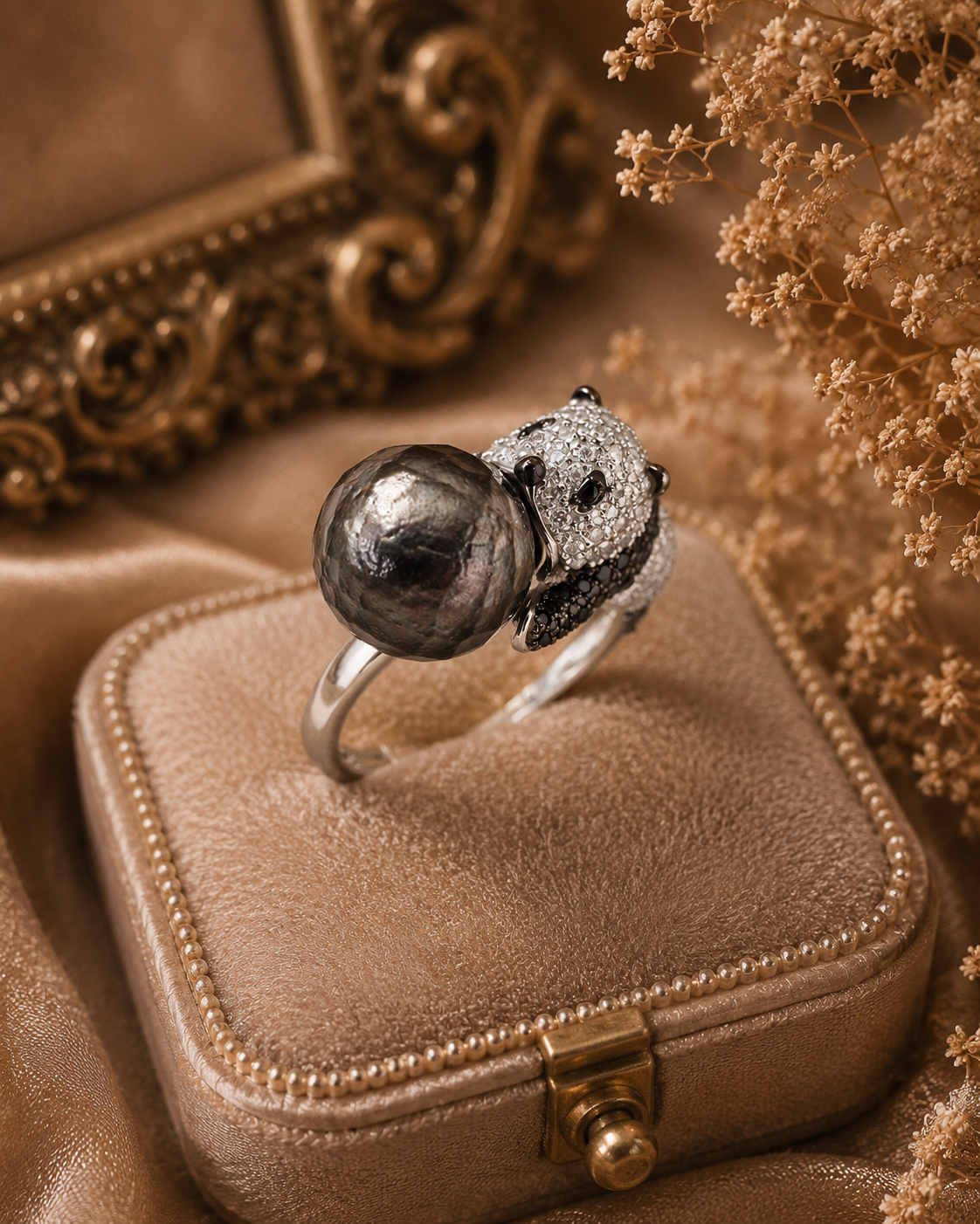 Hugging Panda Black Tahitian Ring - Sterling Silver