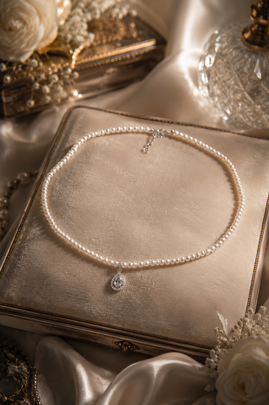 Classic Bridal Pearl Necklace — Genuine Mini Pearls & CZ Pendant