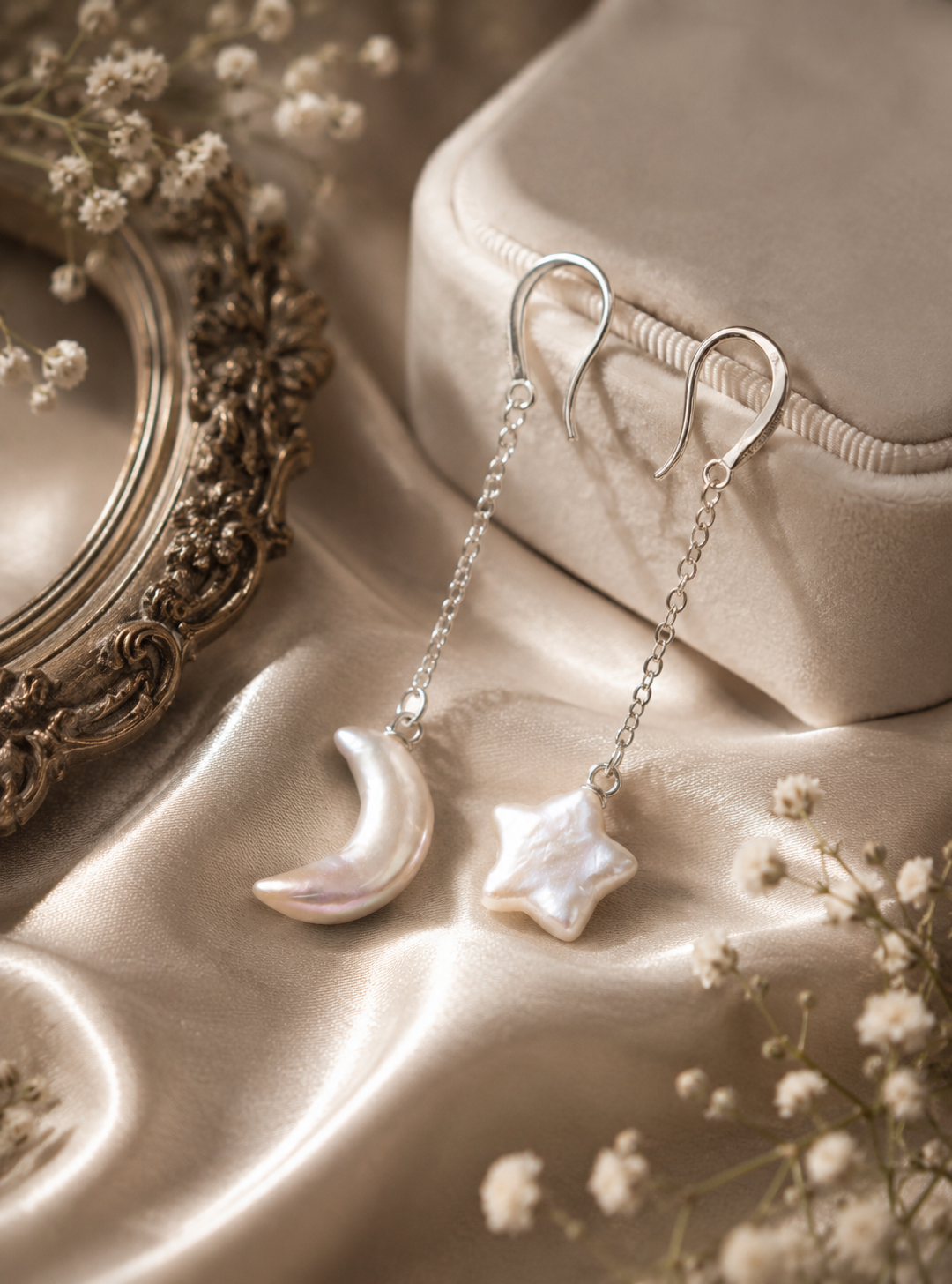 Star & Moon Pearl Drop Earrings - Sterling Silver