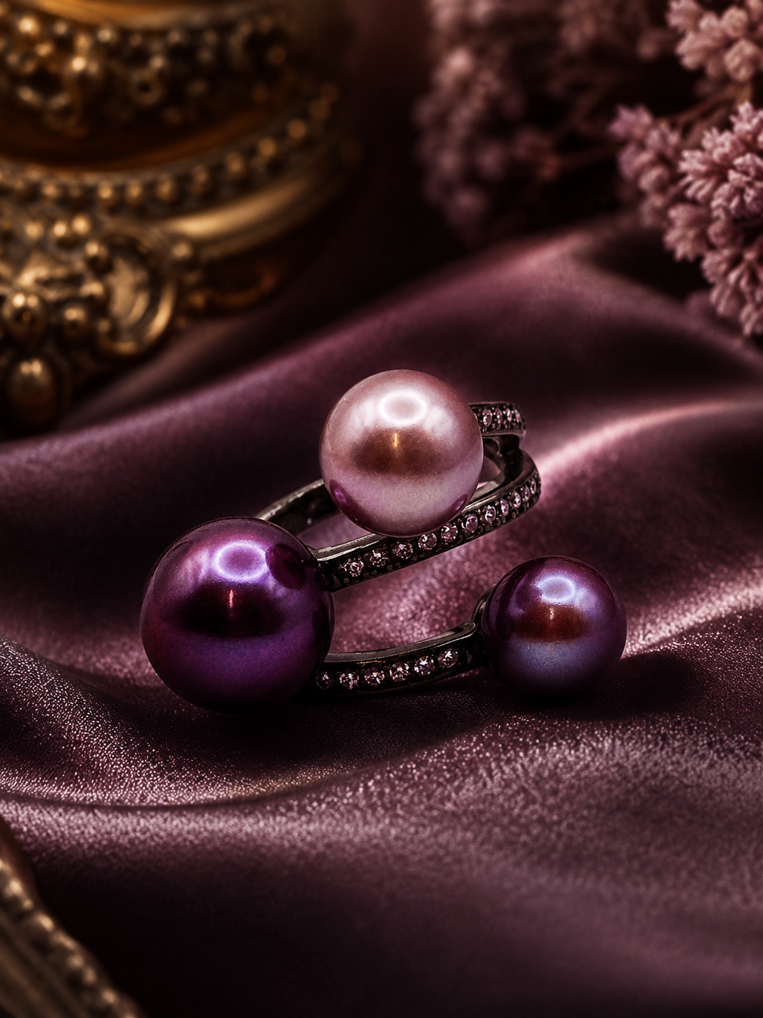 Triple Pearl Black Band Sparkle Ring - Sterling Silver