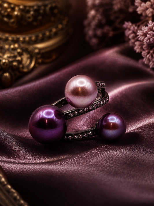 Triple Pearl Black Band Sparkle Ring - Sterling Silver