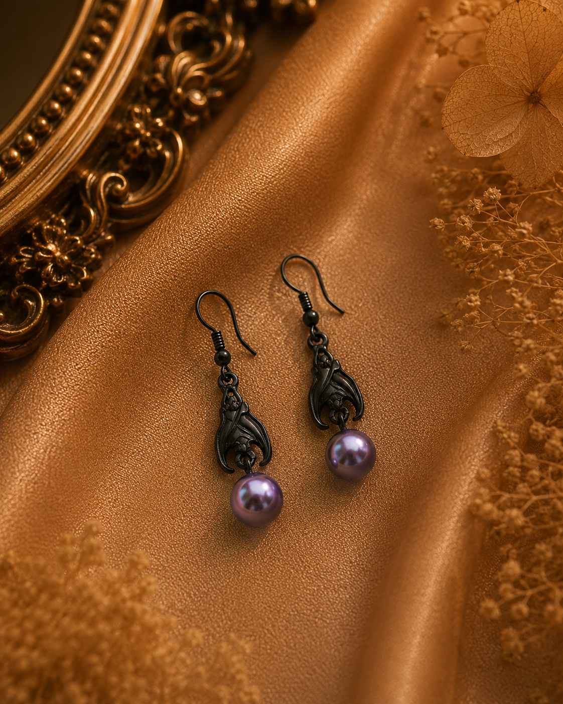 Edison Pearl Hanging Black Bat Earrings