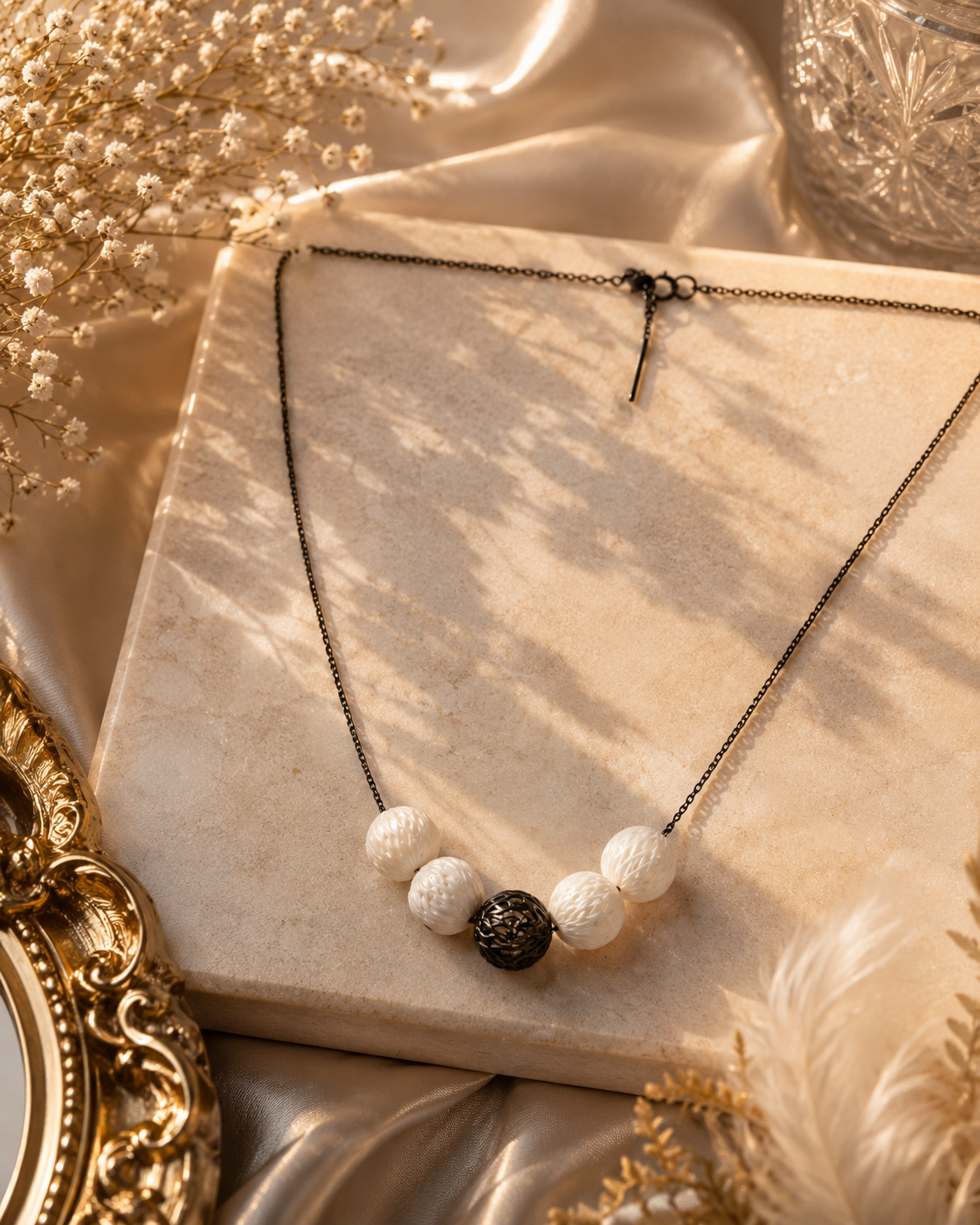 Black Tahitian and White Carved Pearl Smile Necklace