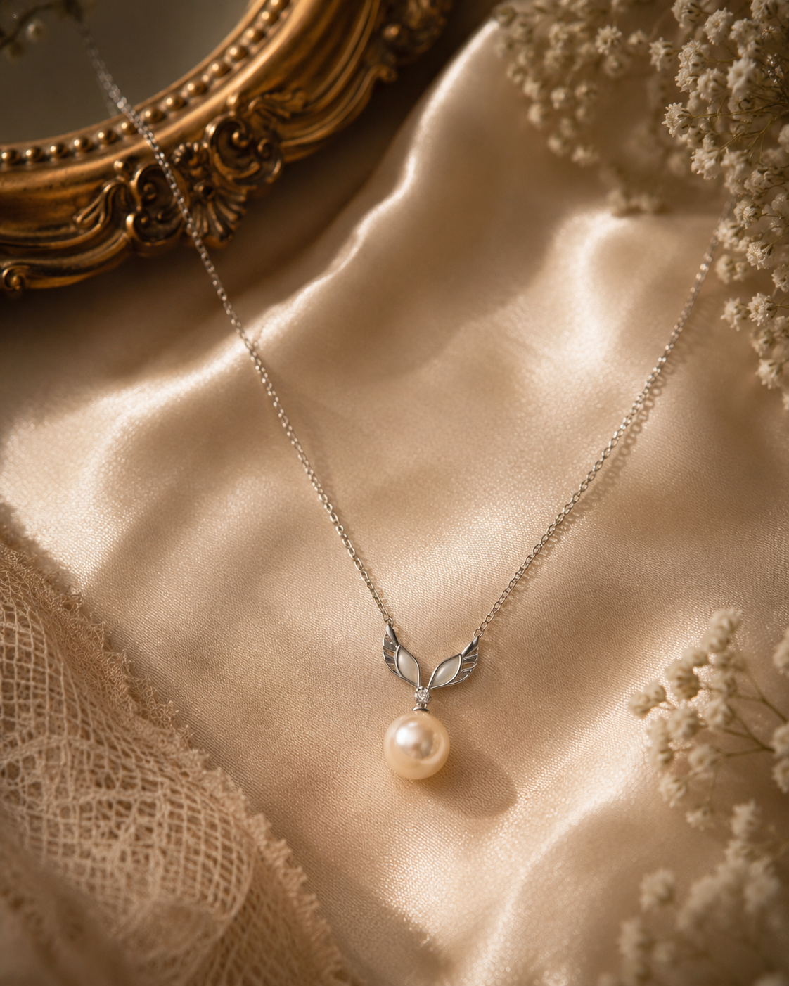 Celestial Angel Wing Sterling Silver Pearl Necklace