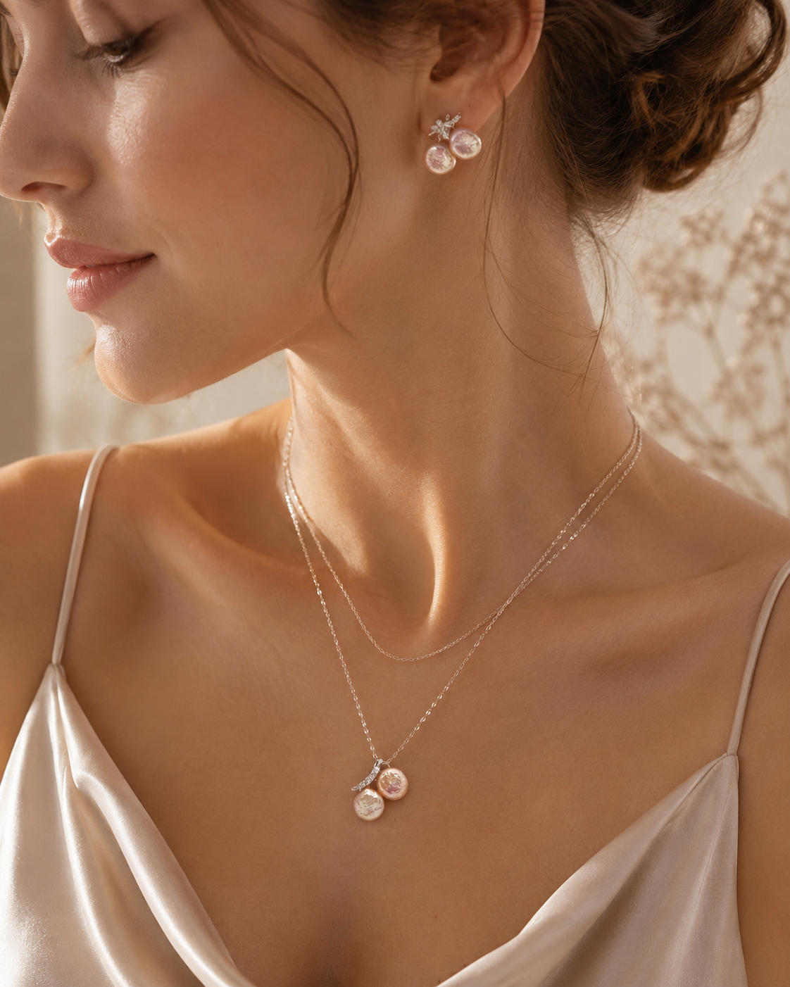 Button Pearl Butterfly Pendant and Earring Set