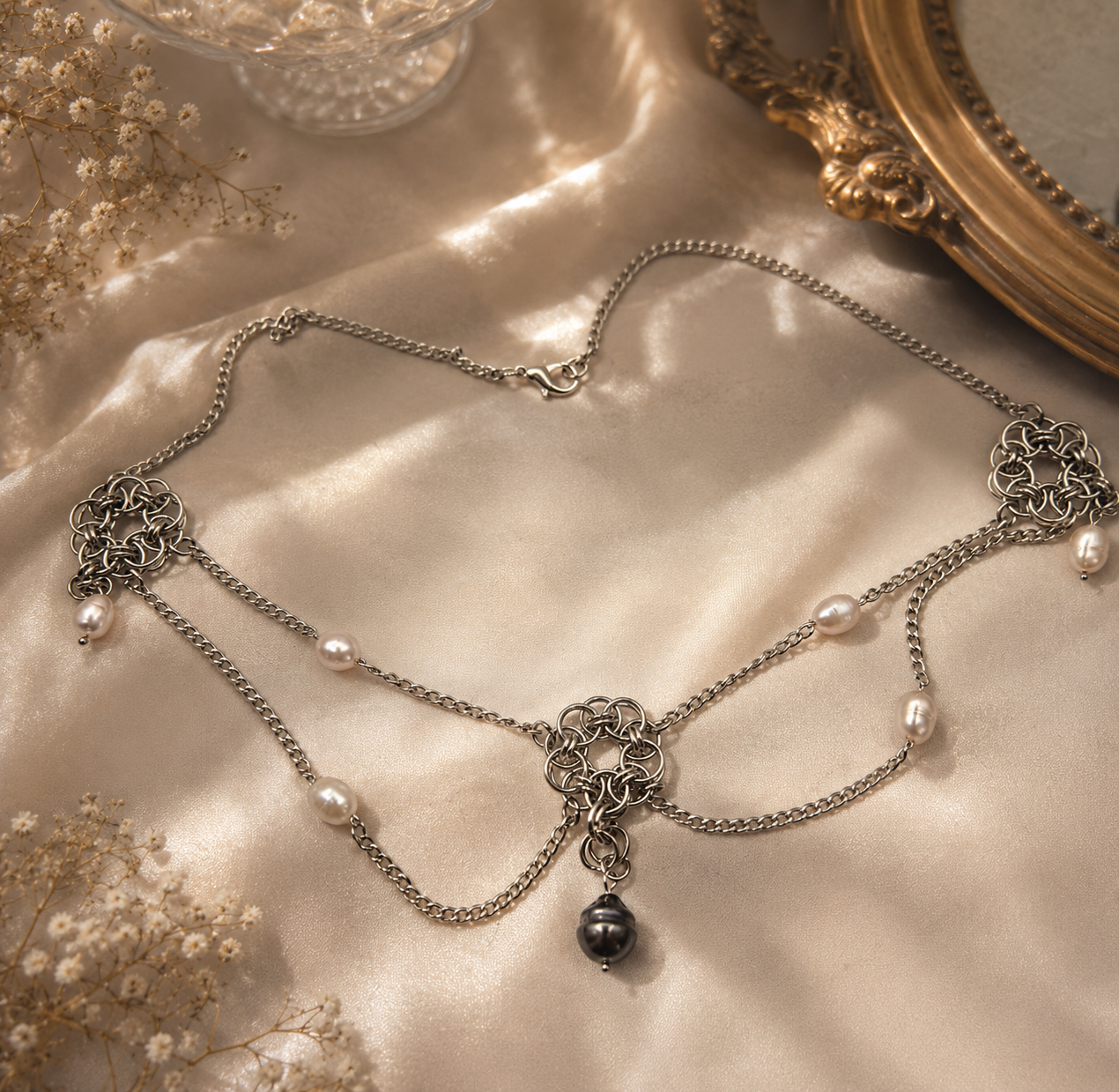 Chainmaille Rosette Multiple Pearl Necklace with Genuine Black Tahitian