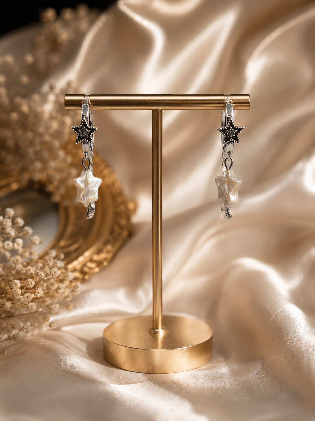 Star & Moon Pearl Hoops — Genuine Star Pearl Sterling Silver