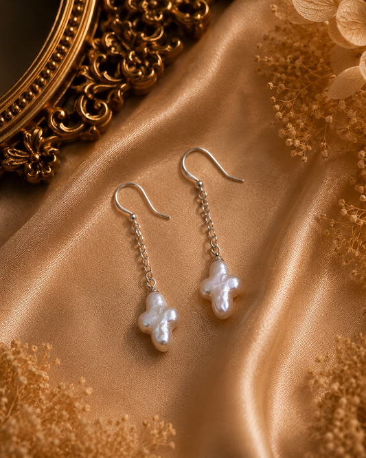 Mini Cross Pearl Drop Sterling Silver Earrings