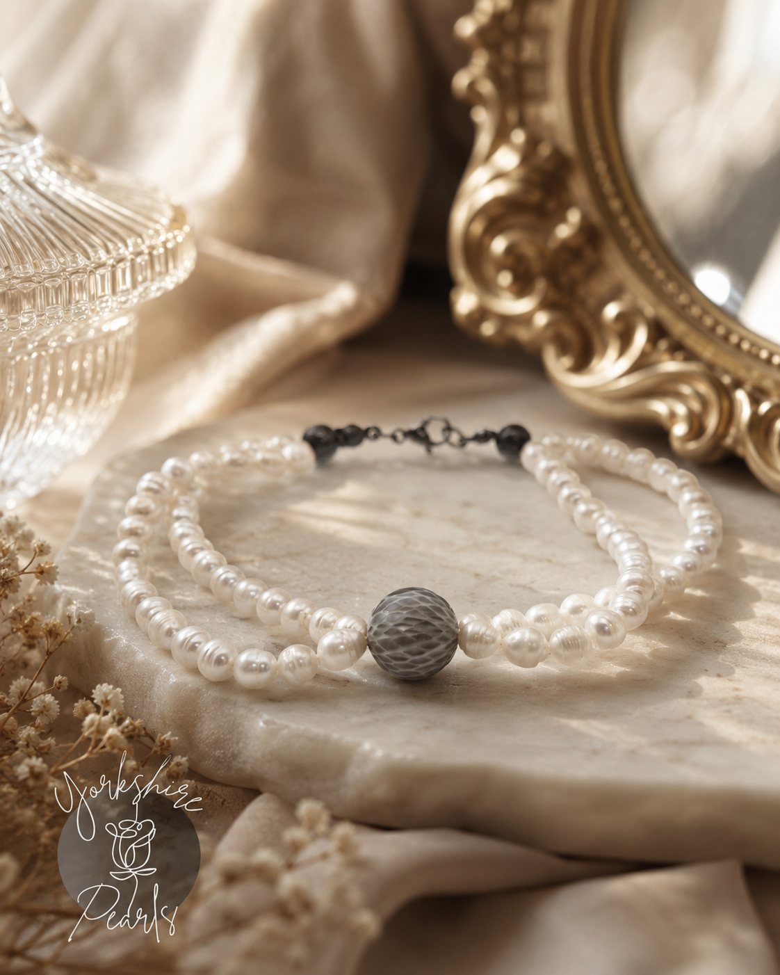 Double Strand Pearl Bracelet With Black Tahitian Pearl Centre