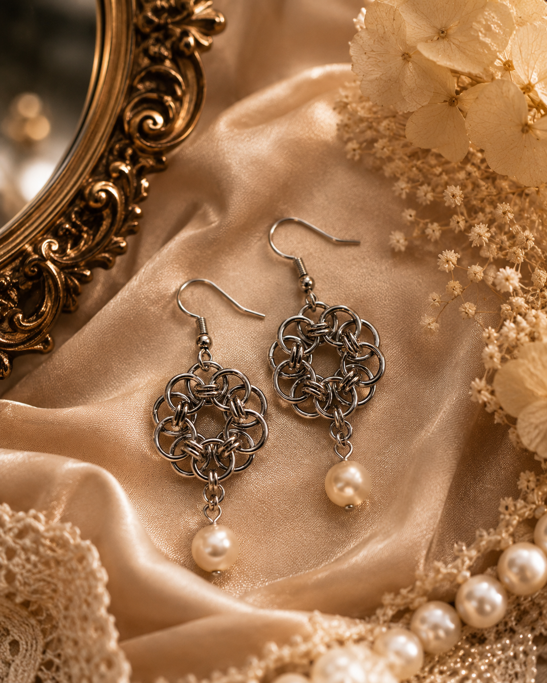 Chainmaille Rosette Pearl Earrings