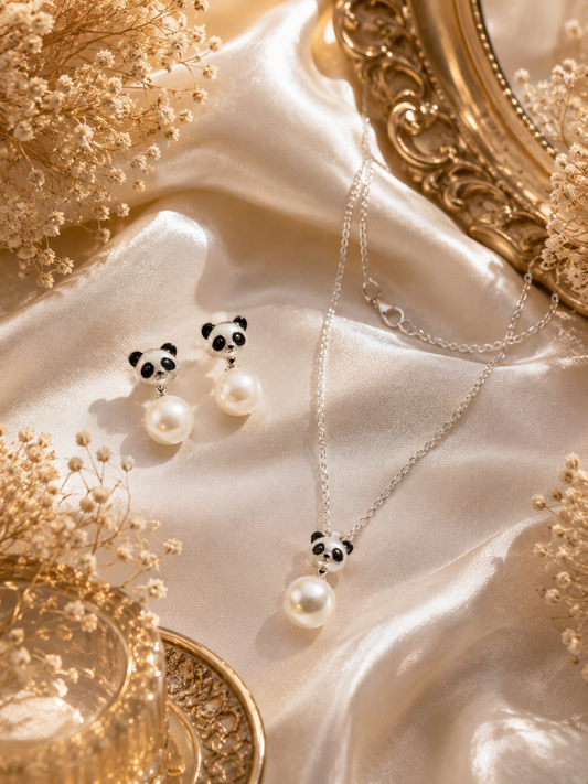 Classic Edison Pearl Panda Earrings and Pendant Set