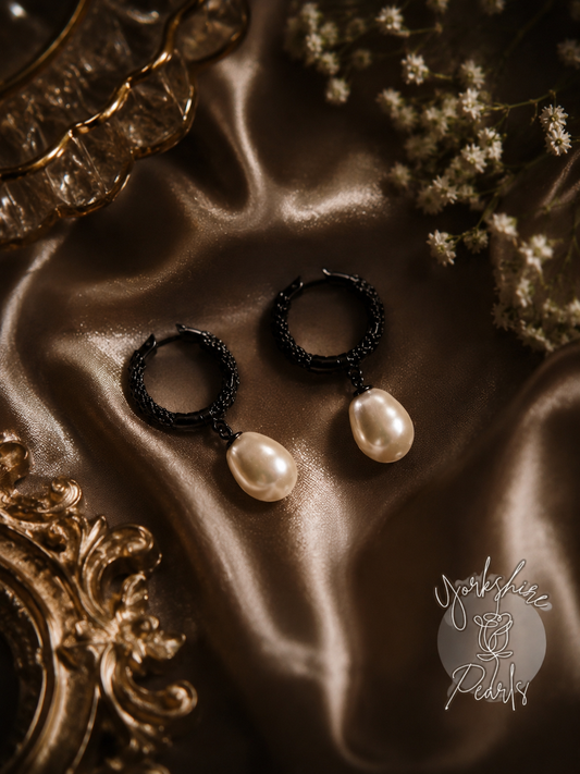 Black Beauty: Handcrafted Pearl Hoop Earrings in Sterling Silver