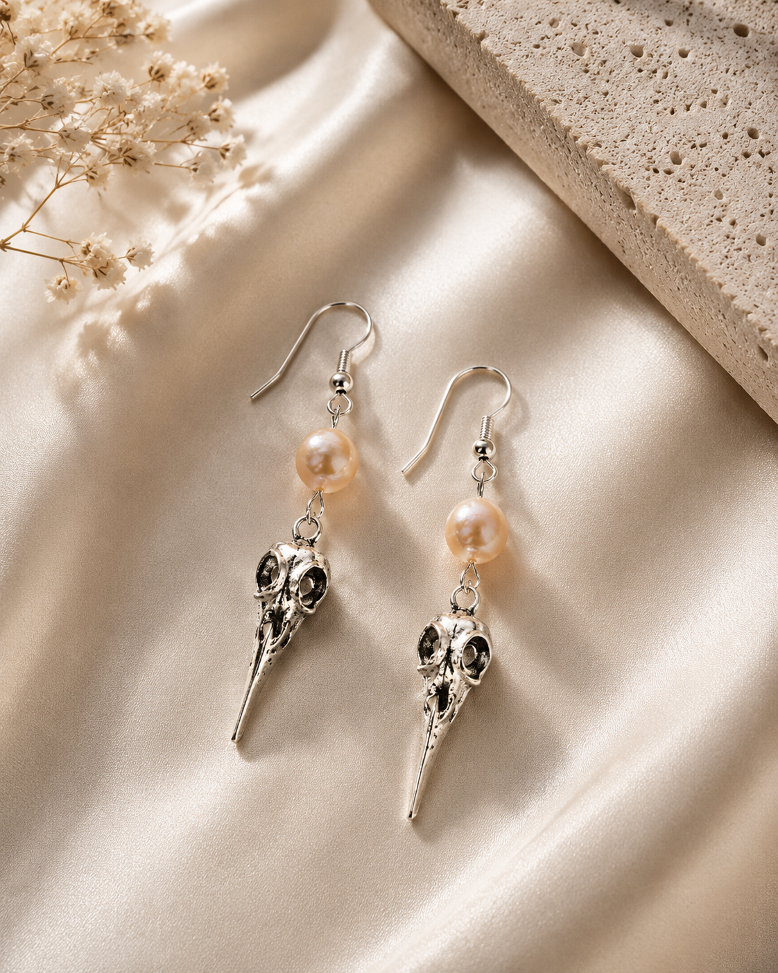 Raven Skull Edison Pearl Drop Earrings