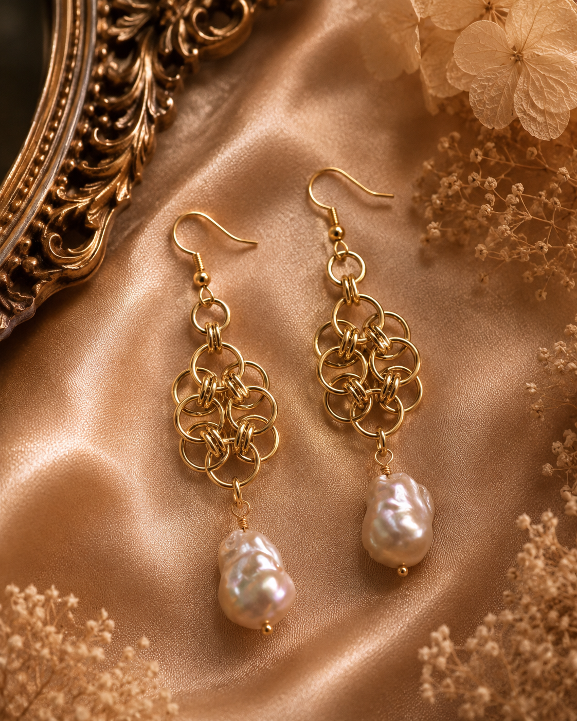 Baroque Pearl Golden Chainmaille Earrings