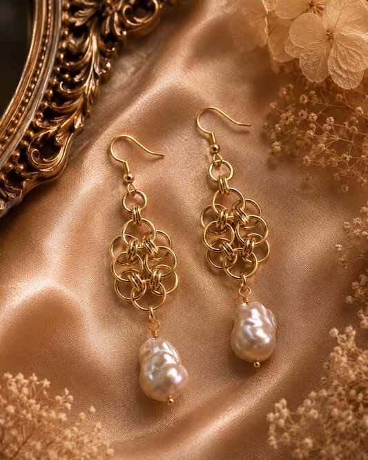 Baroque Pearl Golden Chainmaille Earrings