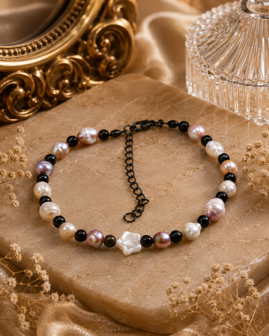 Pearl & Onyx Bead Bracelet With Star Charm
