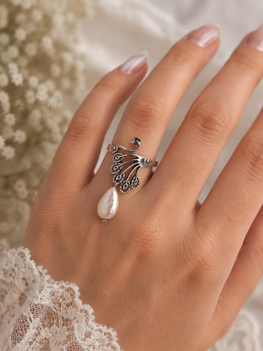 Pearl Peacock Vintage Plume Ring