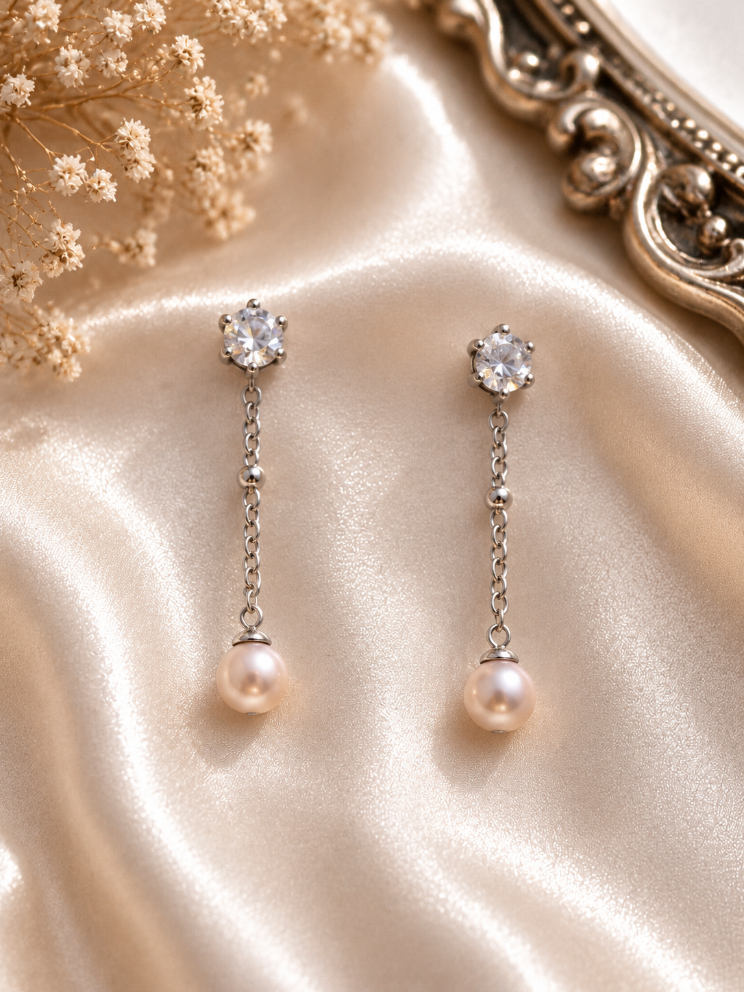 Diamond Flower Pearl Drop Ear Studs