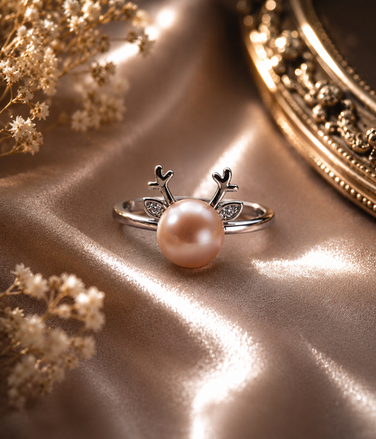 Pearl & Sterling Silver Deer Design Adjustable Ring
