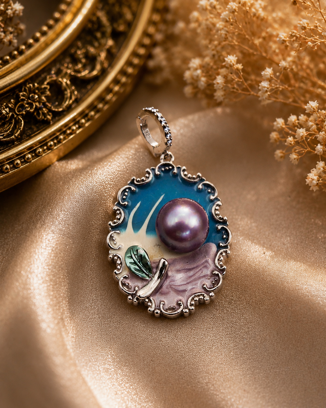 Flower Painting Design Pearl Pendant - Sterling Silver