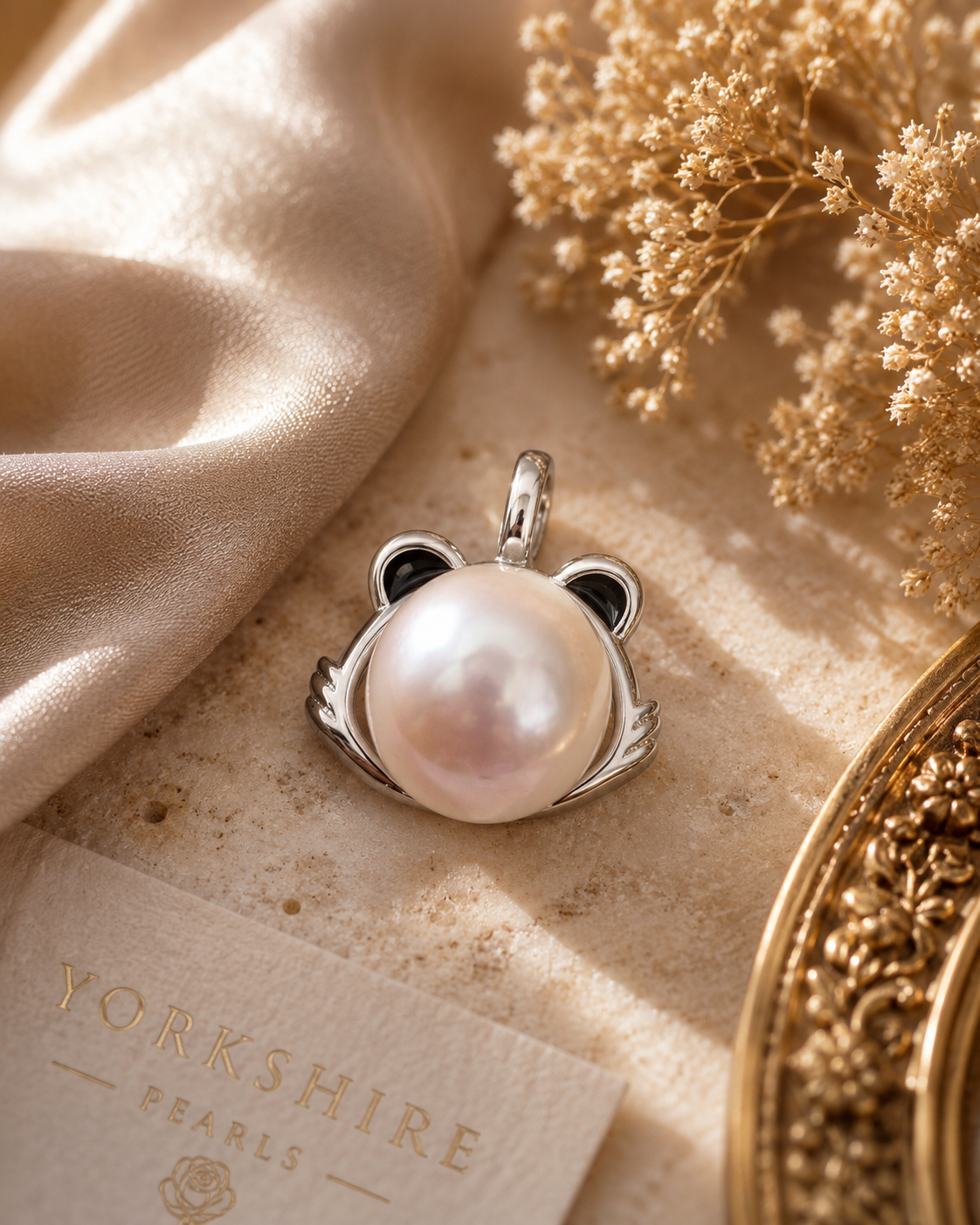 Large Edison Pearl Tiger Kitty Pendant - Sterling Silver