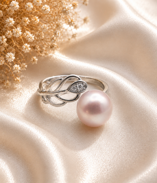 S925 Pearl and Leaf Design Adjustable Ring