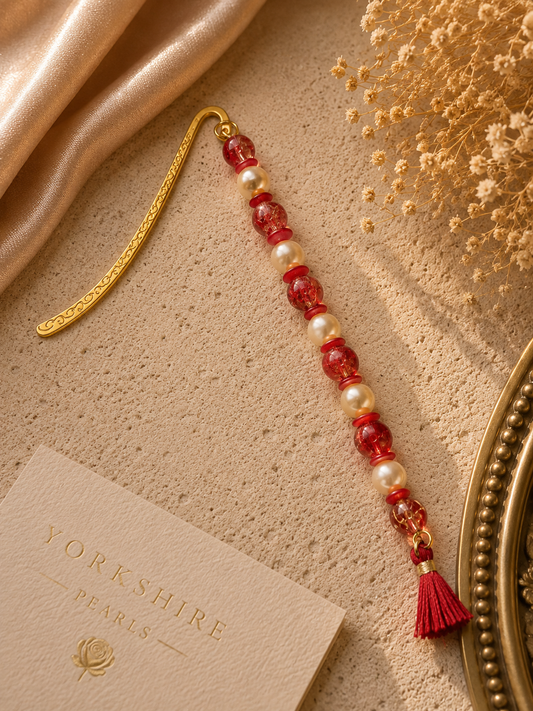 Oriental Style Pearl and Red Jasper Golden Bookmark