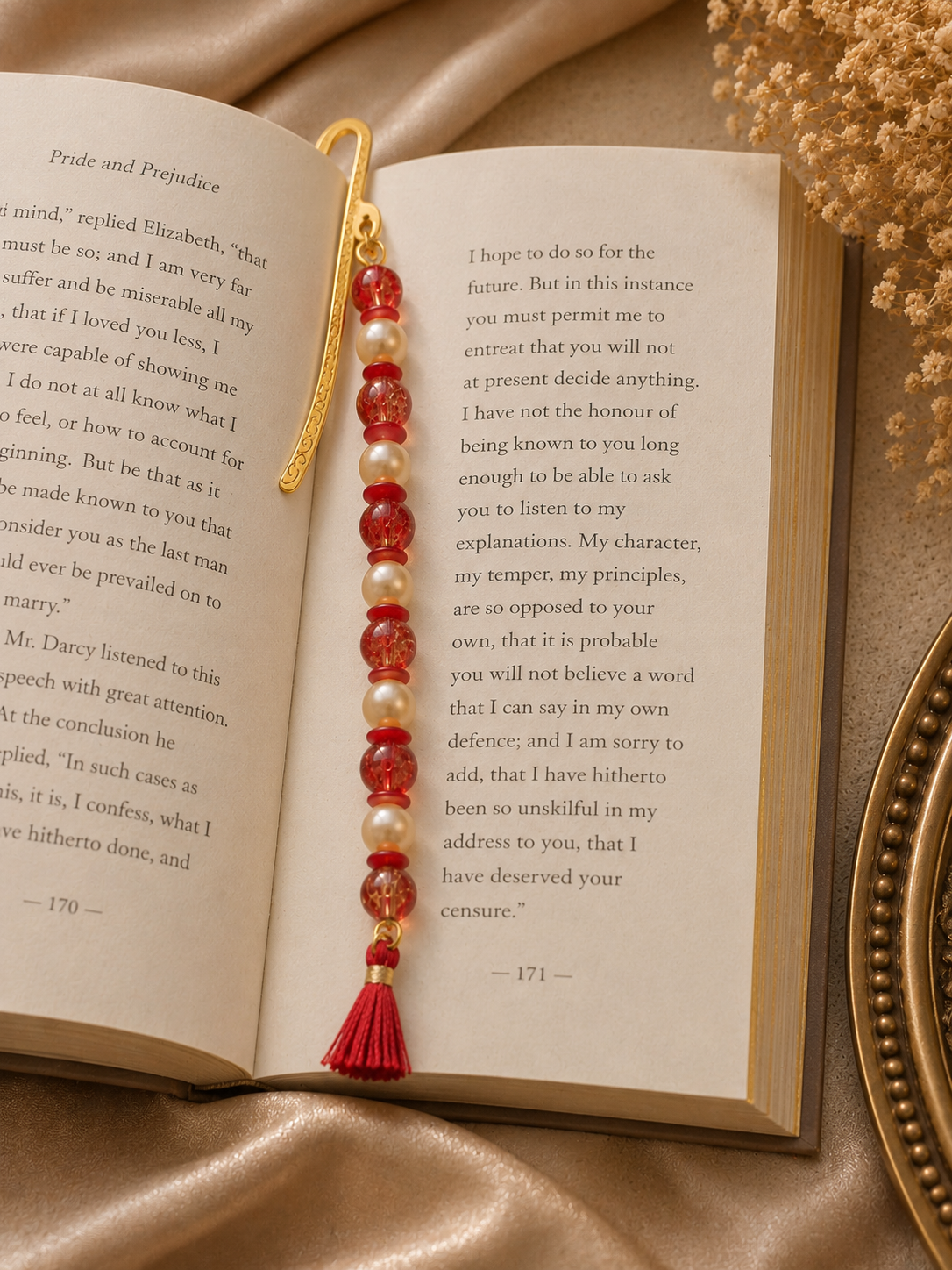 Oriental Style Pearl and Red Jasper Golden Bookmark