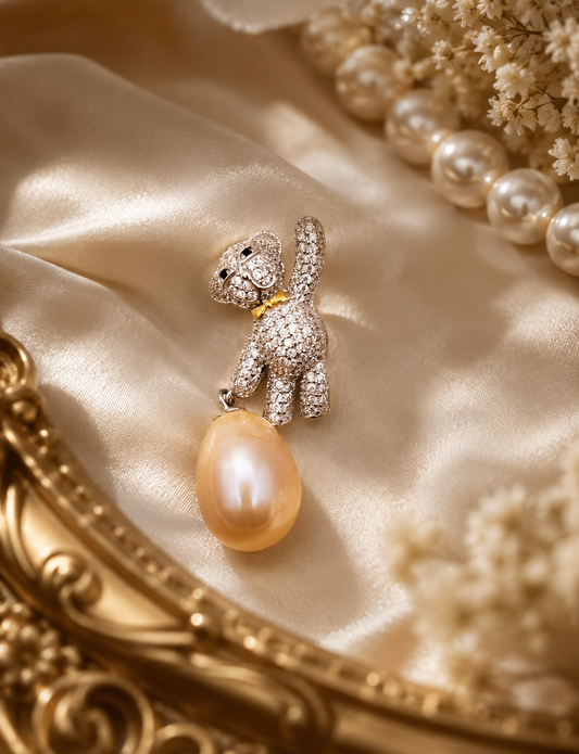 Whimsical Teddy Bear Pearl Pendant - Sterling Silver