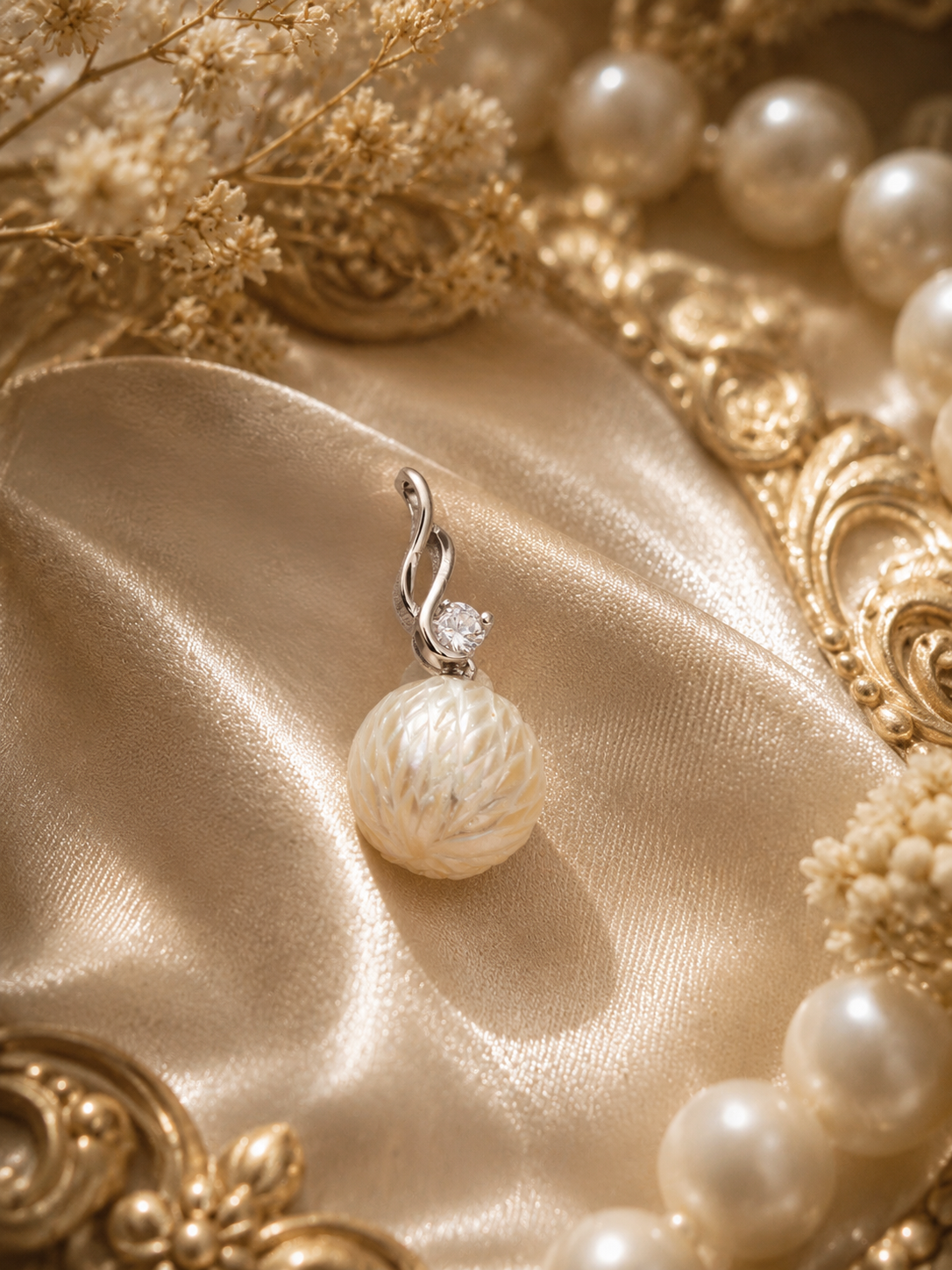 Carved Edison Pearl Minimalist Flame Swirl Pendant