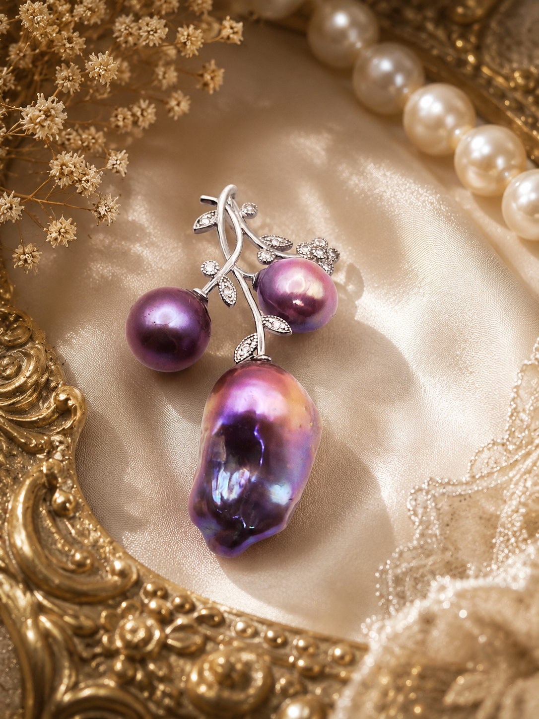 Multiple Pearl Flower Stem Pendant - Sterling Silver