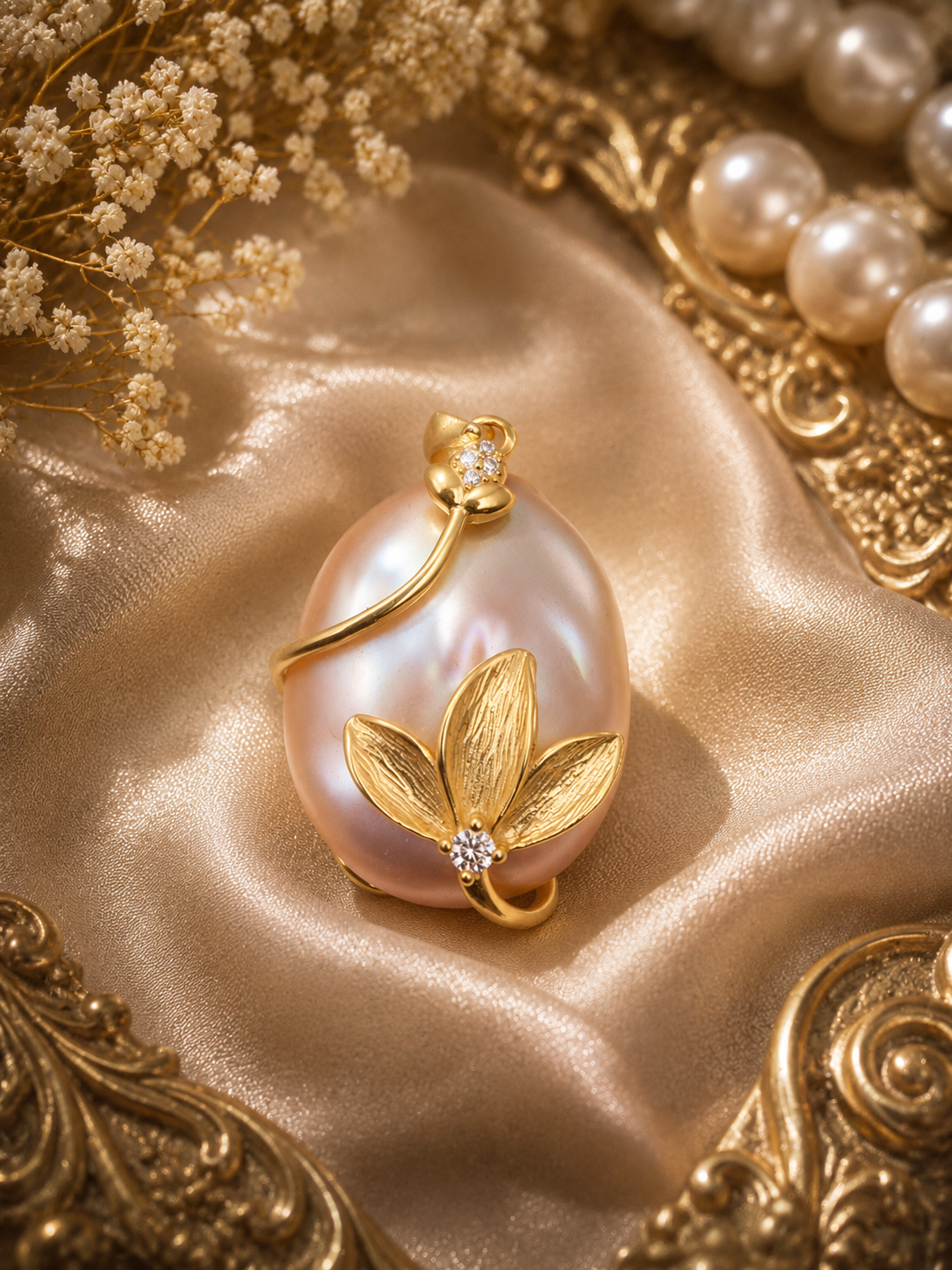 Large UFO Pearl Golden Flower Wrapped Pendant - Sterling Silver