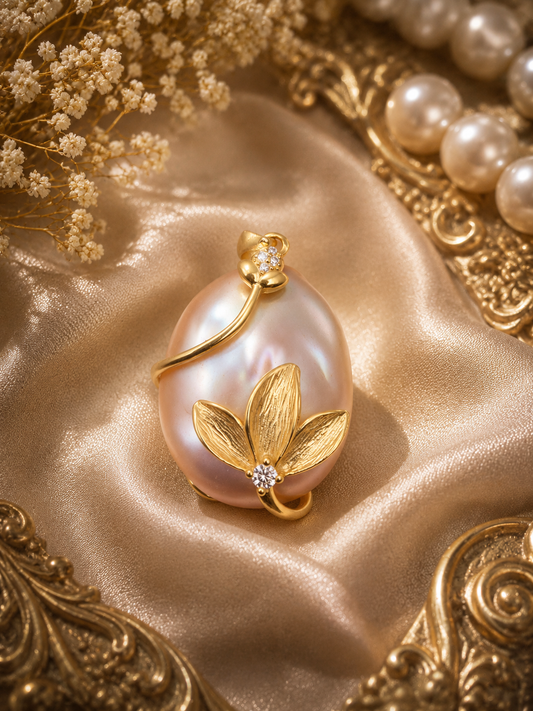 Large UFO Pearl Golden Flower Wrapped Pendant - Sterling Silver